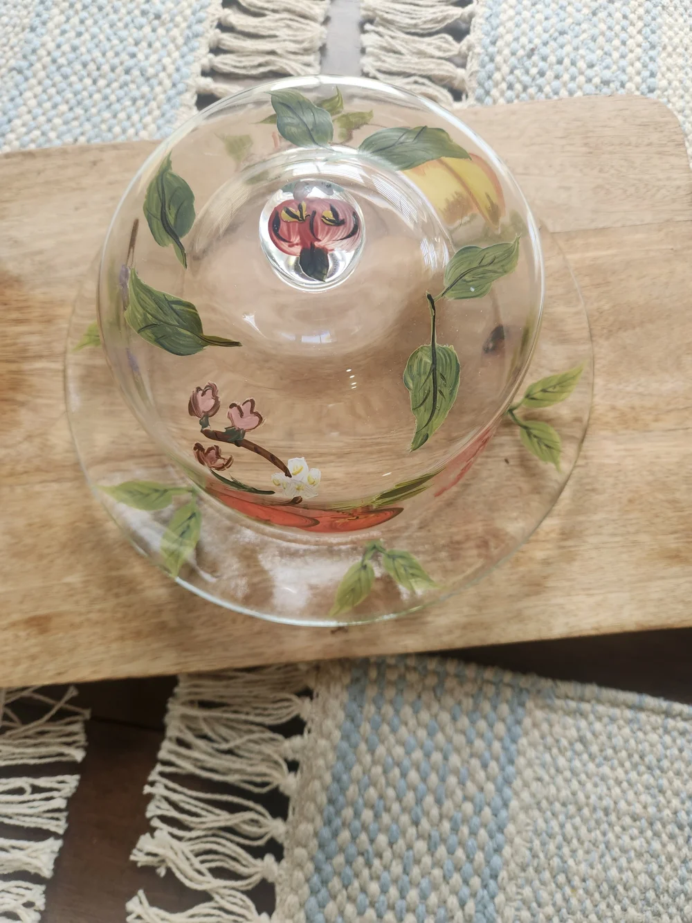 Vintage Hand Painted Glass Covered Cake Plate Cheese Fruit Dessert Dome Cloche